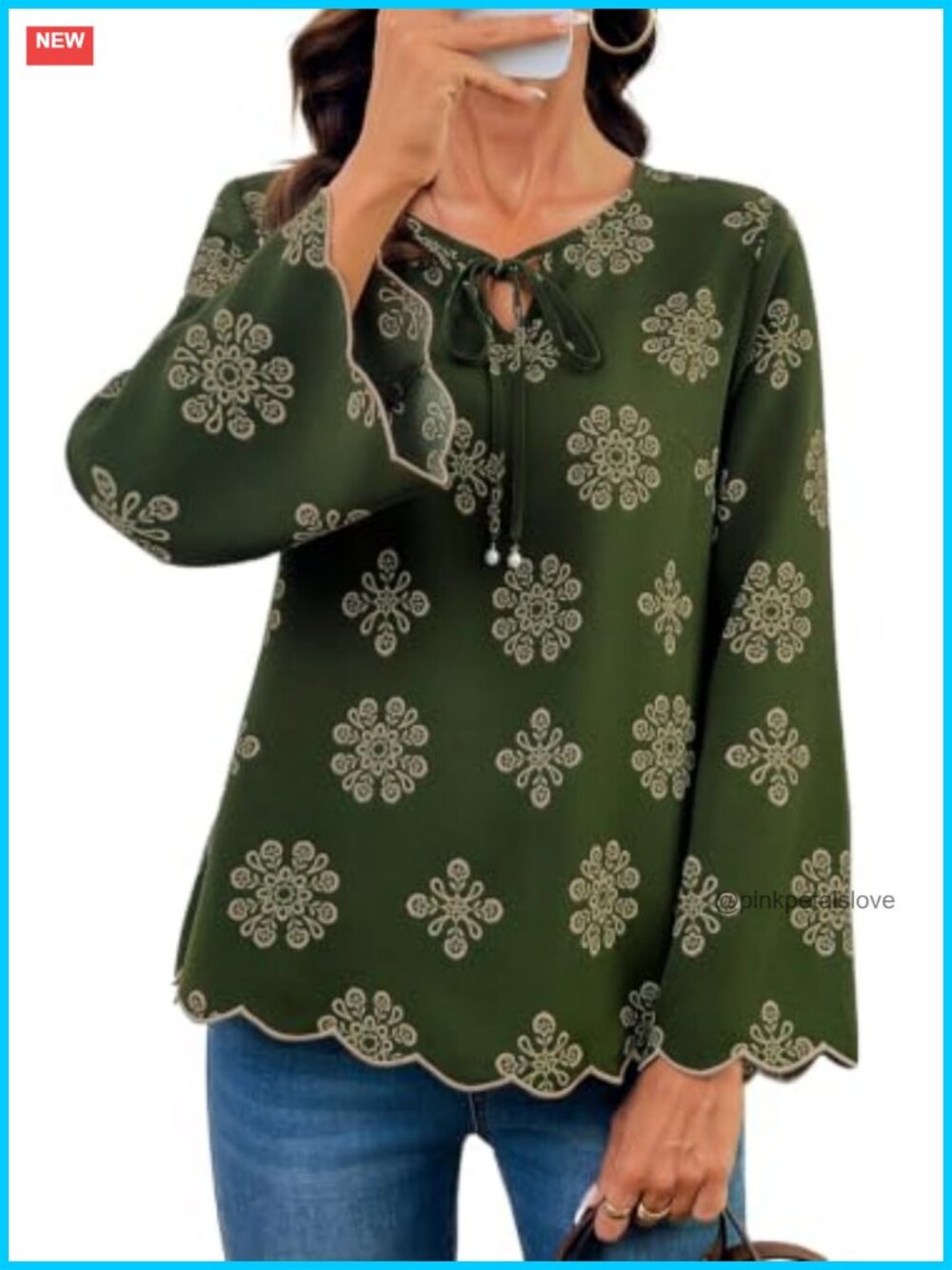 Dokotoo Women's Bow Tie Scalloped Trim Tunic Blouse Loose Fit Dressy Casual
